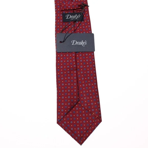 Drake's NWT Neck Tie in Red w/ Blue & Yellow Floral / Square Pattern 100% Silk